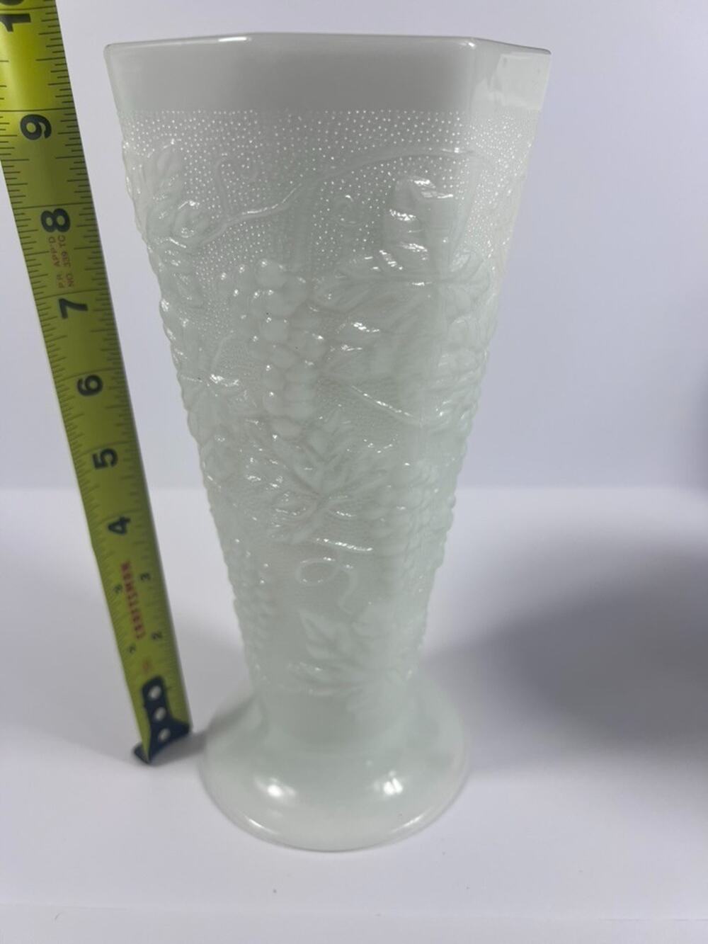Vintage Large Milk Glass Vase w/ Grape Vines 9.5” Tall 4.5” Wide